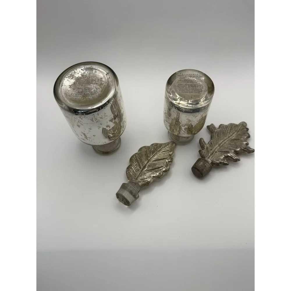 Pottery Barn Mercury Glass Bottles Set of 2 Silver Leaf Stopper Decorative Vases